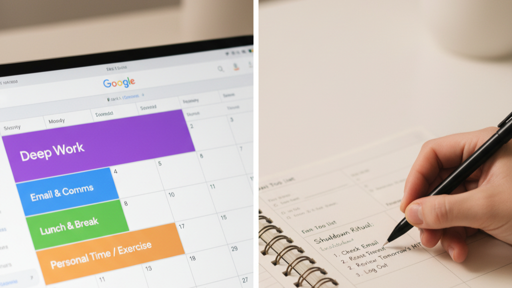 A visual guide to time blocking and shutdown rituals for better remote work-life balance.