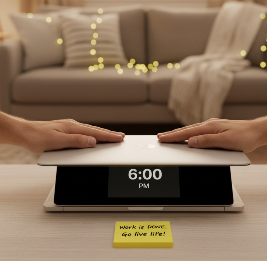 A person firmly closing their laptop, symbolizing the end of the remote work day.