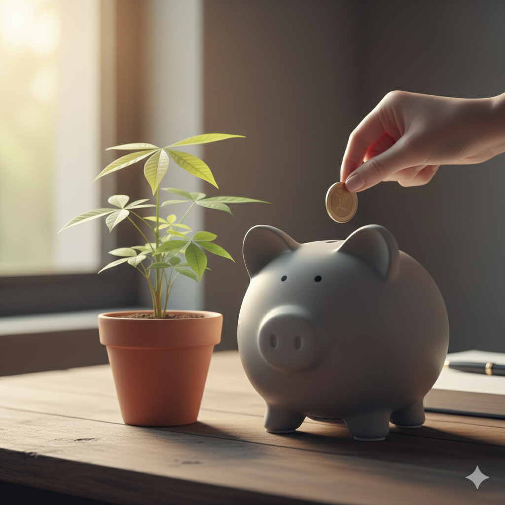 A piggy bank and plant symbolizing the growth of investments over time